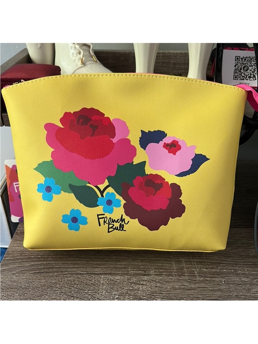 French Bull Yellow Floral Cosmetic Pouch with Pink Accents